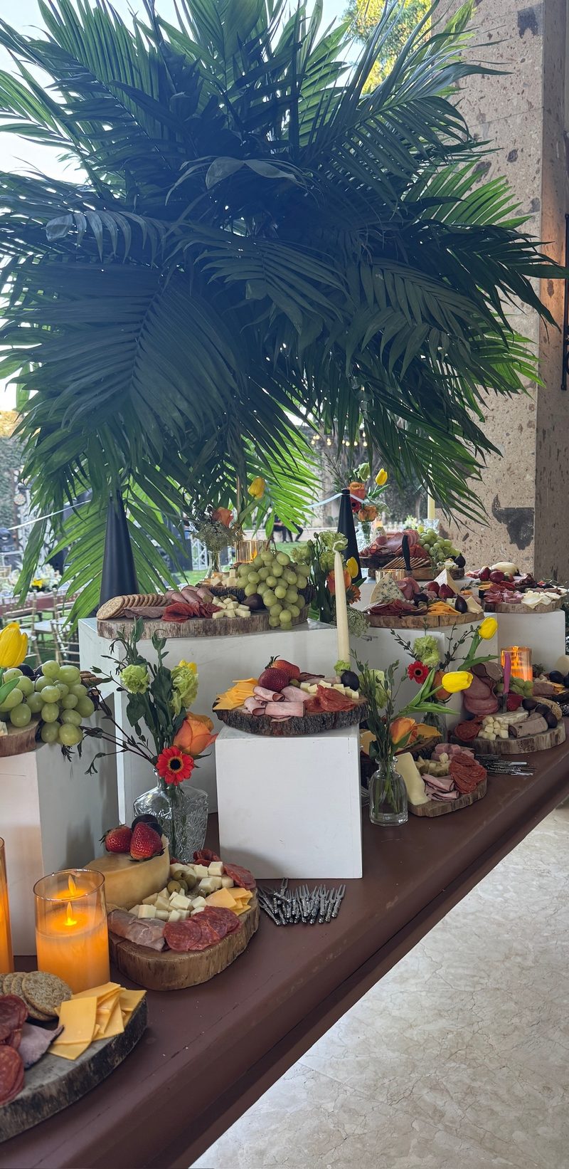 Mesa de grazing con quesos, embutidos, fruta y flores frente a palmeras en un jardín